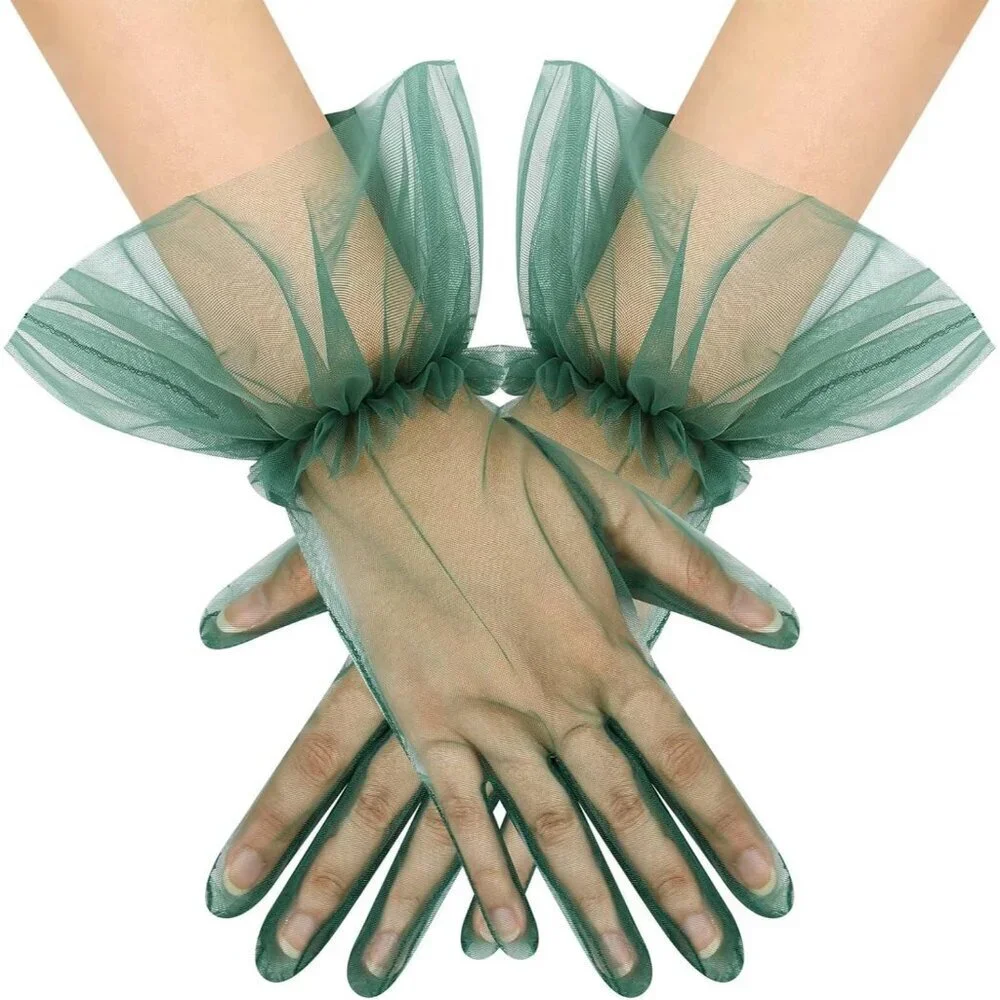 Women's Puffy Ruffle Green Tulle Sheer Mesh Party Prom One Size Short Gloves